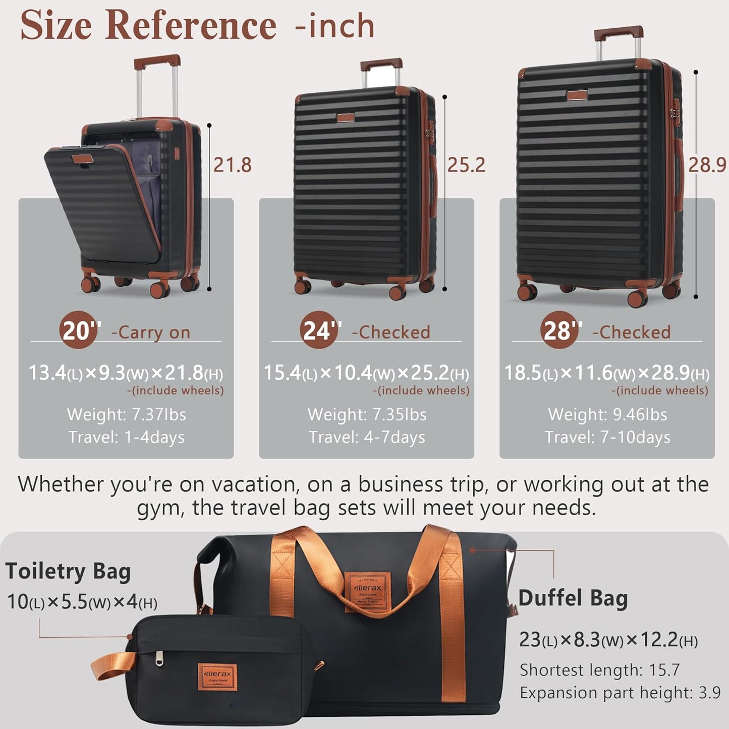 Merax Luggage Sets 3 Piece Front Opening, Hardside Lightweight Carry on Suitcase with Cup Holder USB Port,Durable Expandable Luggage with Bags Spinner Wheels and TSA Lock,Black and Brown