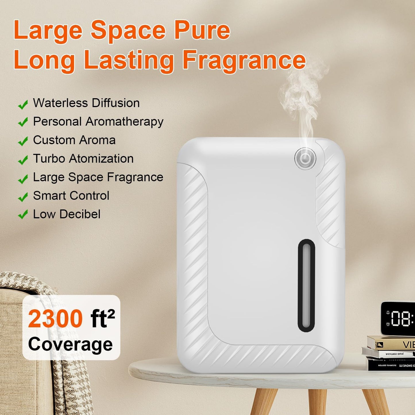 Smart Essential Oil Diffuser for Large Spaces, 250mL Capacity Covering 2300 sq.ft, Programmable Timer, for Home Office Commercial Aromatherapy, White