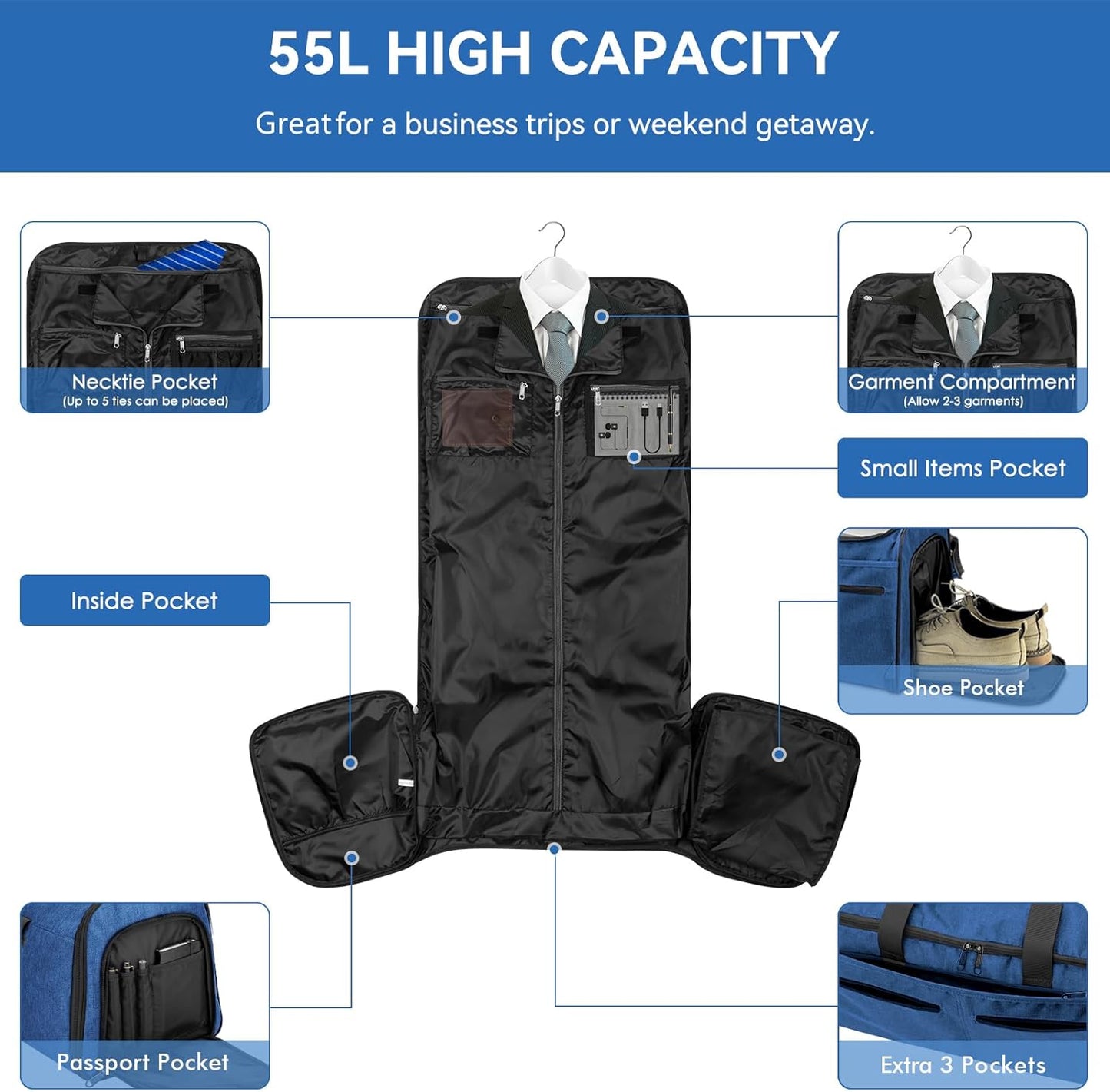 Bukere Garment Duffle Bags for Travel, Convertible Carry on Bag with Shoe Compartment, 3 in 1 Travel Suit Bag with Backpack Shoulder Strap for Men Women