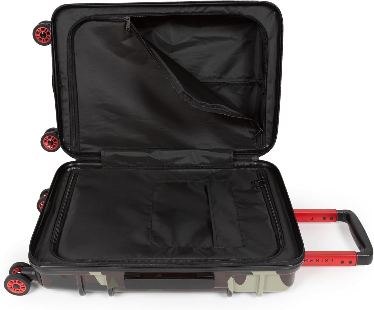 EASTPAK Resist'R Zip Cabin – 28L Hardshell Carry-On with Dual Compartments, 360° Spinner Wheels, TSA Lock & Telescopic Handle, Camo