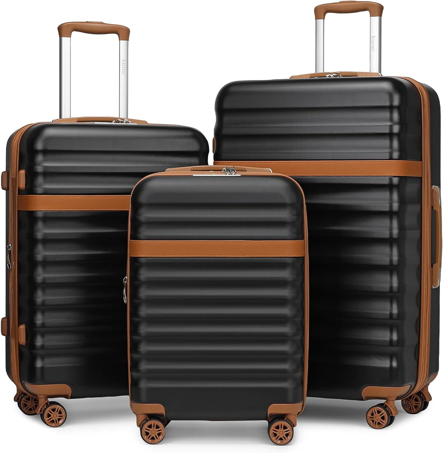 Kono Luggage Set 3 Pieces Expandable PC ABS Durable Suitcase Hardside with Double Spinner Wheels Tsa Lock Black Brown(20in/24in/28in)
