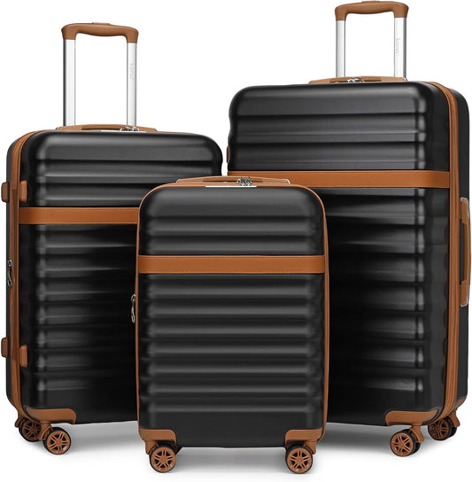 Kono Luggage Set 3 Pieces Expandable PC ABS Durable Suitcase Hardside with Double Spinner Wheels Tsa Lock Black Brown(20in/24in/28in)