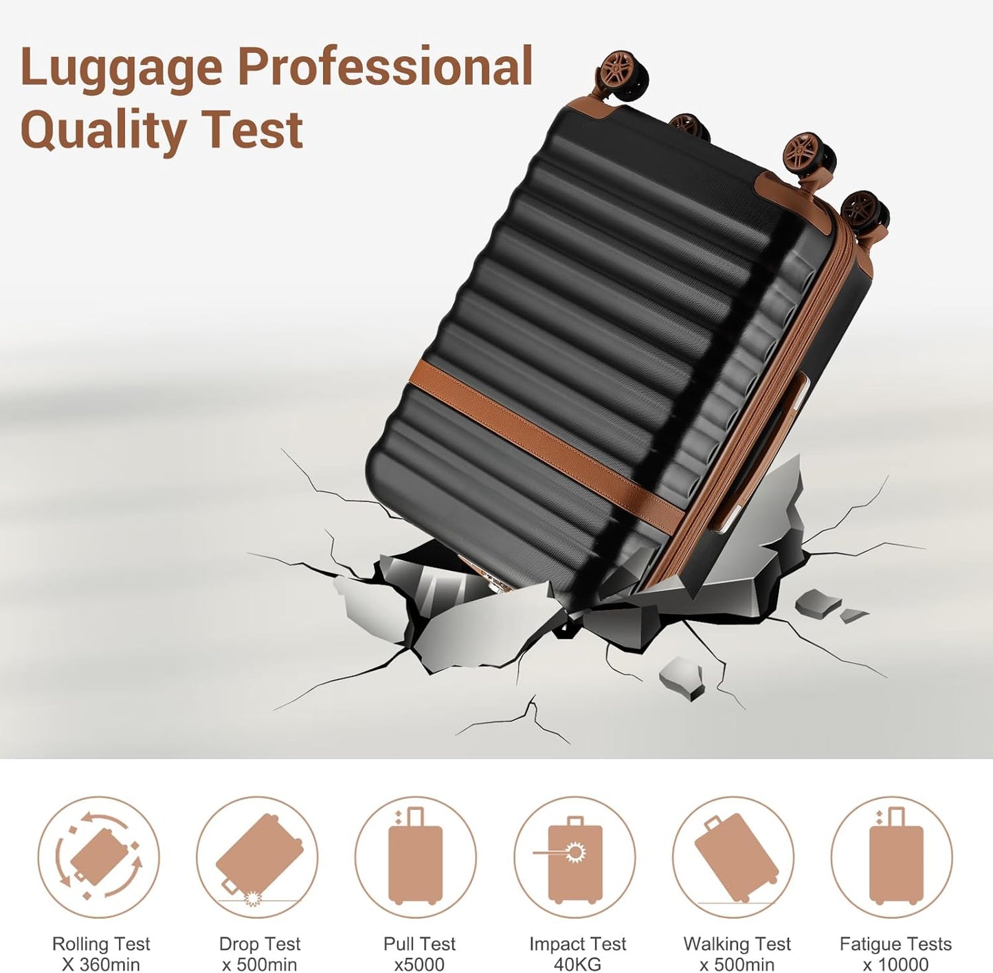 Kono Luggage Set 3 Pieces Expandable PC ABS Durable Suitcase Hardside with Double Spinner Wheels Tsa Lock Black Brown(20in/24in/28in)