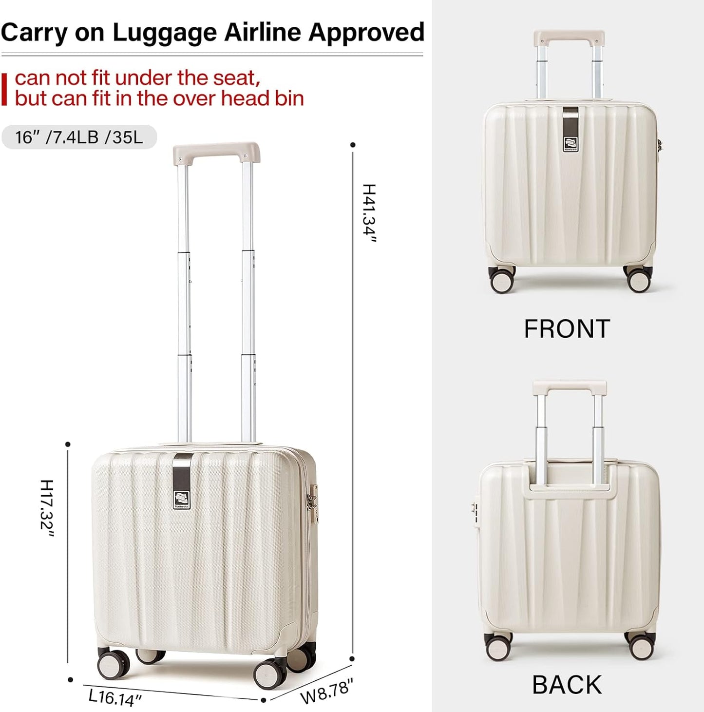 Hanke 16 Inch Underseat Carry on Luggage with Wheels Small Hard Shell Suitcases for Weekender,Travel Approved Lightweight Travel Luggage Suitcase for Womem Men,Christmas Gifts for Birthday-Ivory White