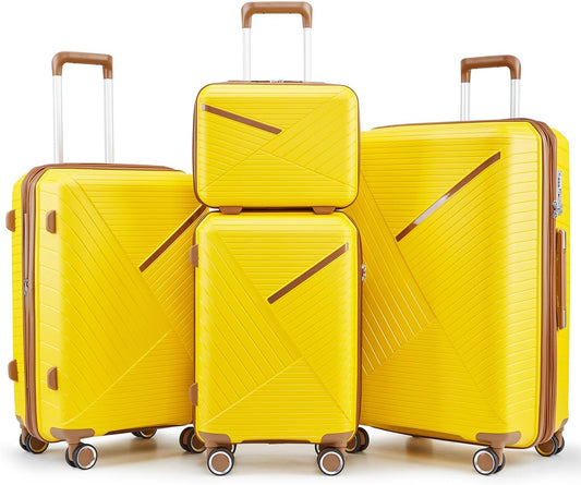 4-Piece Expandable Hardshell Luggage Set with TSA Lock (14/20/24/28) - Lightweight PP Suitcases, 360° Silent Spinner Wheels and Durable 100LB Handle for Air Travel (D# Yellow)