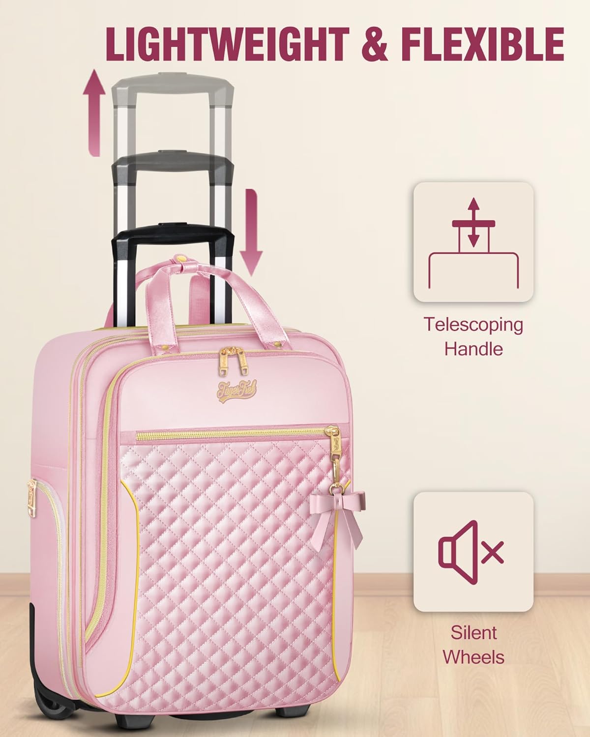 Underseat Carry On Luggage with Wheels, Airline Approved Personal Item Suitcase with Multiple Compartments, Lightweight Softside Under Seat Carry-on Suitcases for Women Travel Business, Pink