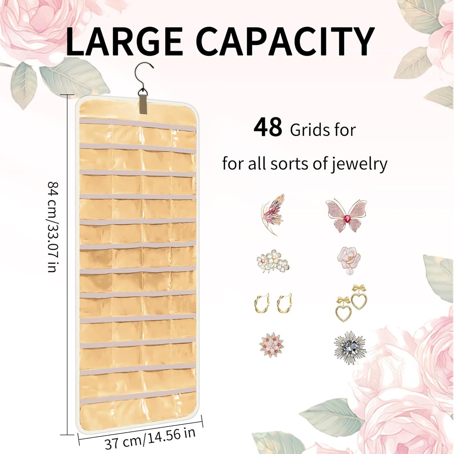 Bloss Hanging Jewelry Organizer with 48 Pockets, Double-Side Hanging Jewelrys Holder with Hanger Hooks, Jewelry Organizers and Accessories Storage for Earrings, Necklaces and Rings,Beige