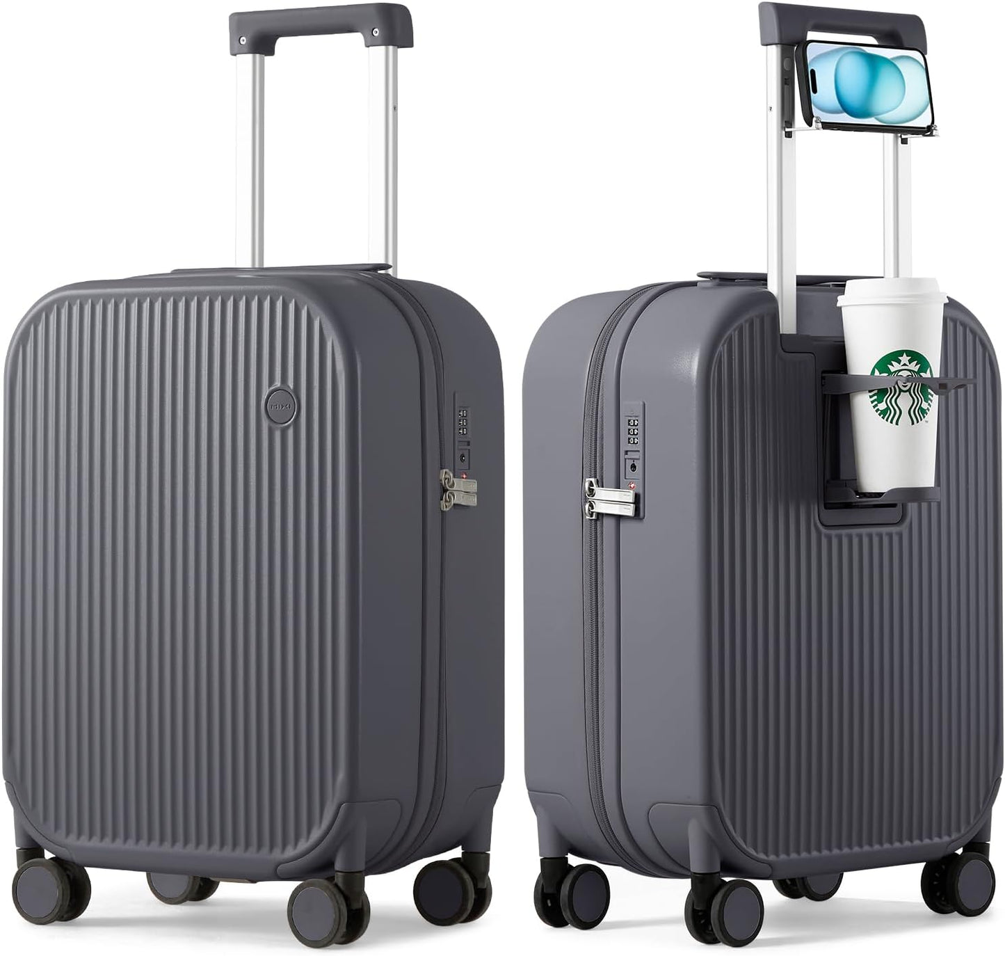 mixi Carry On Luggage with Cup Phone Holder Hard Shell Rolling Travel Suitcase with Spinner Wheels,20 Inch Rock Grey