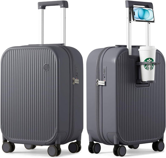 mixi Carry On Luggage with Cup Phone Holder Hard Shell Rolling Travel Suitcase with Spinner Wheels,20 Inch Rock Grey