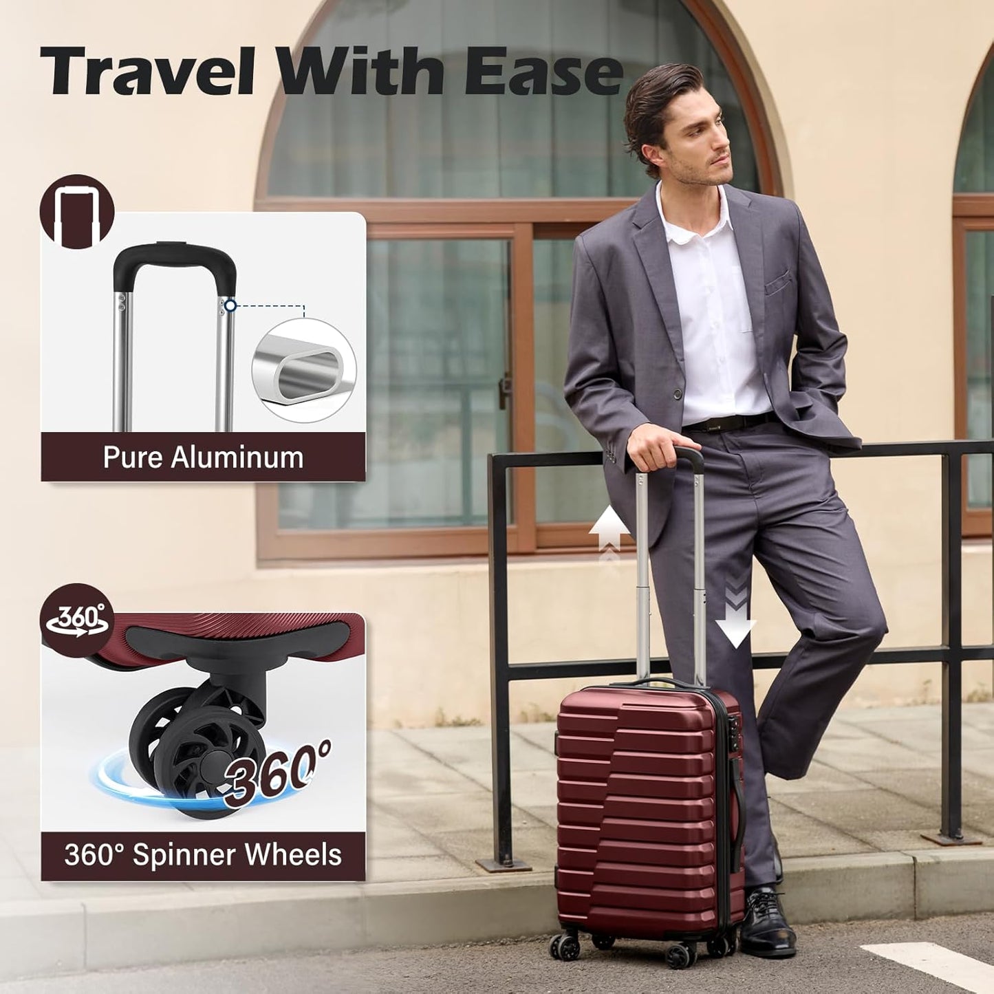 Coolife Carry On Luggage Airline Approved with Wheels Hard Shell Suitcase Spinner TSA Lock Telescopic Handle 20in-Wine Red