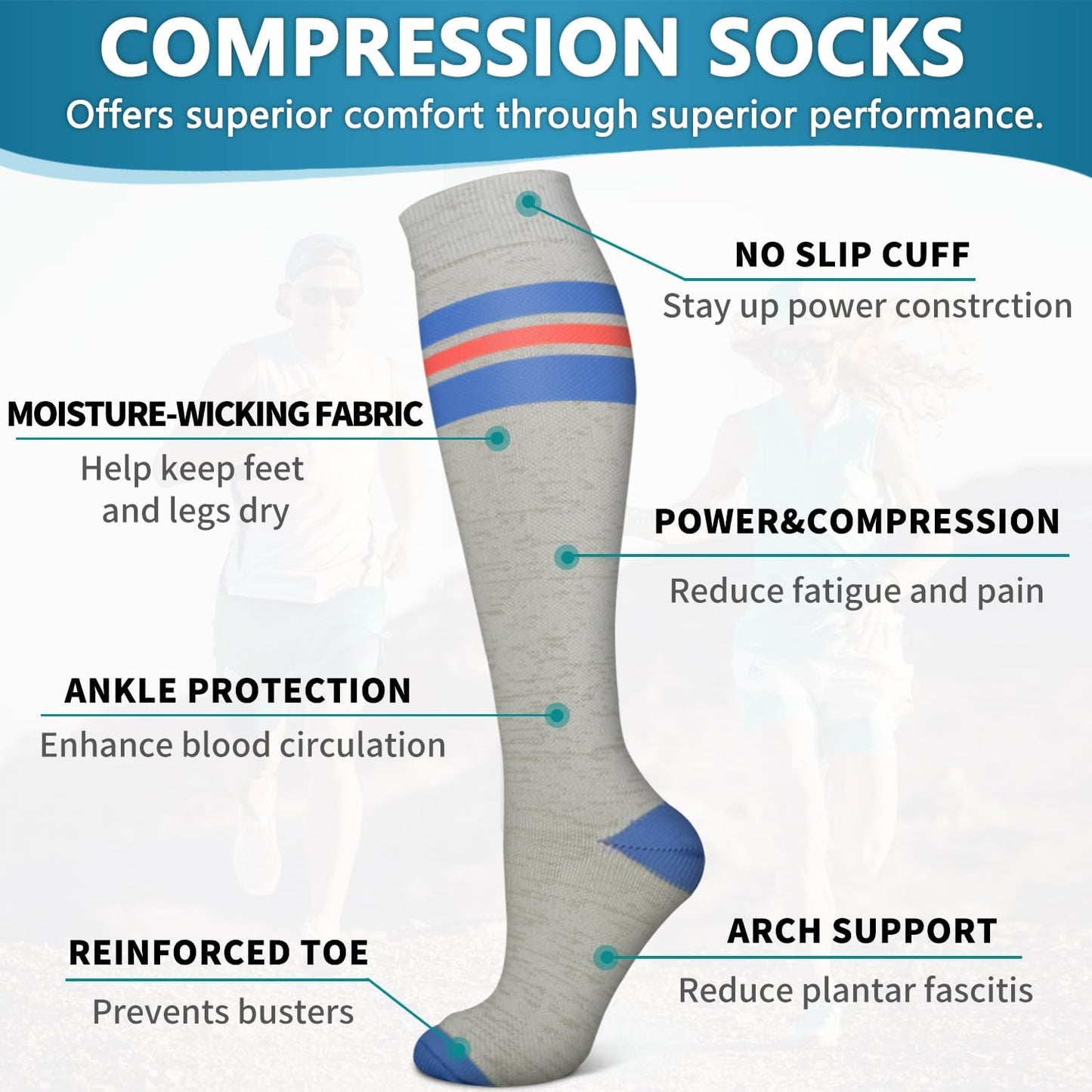 6 Pack Copper Compression Socks for Women and Men Circulation-Best Support for Medical, Running,Nursing,Athletic