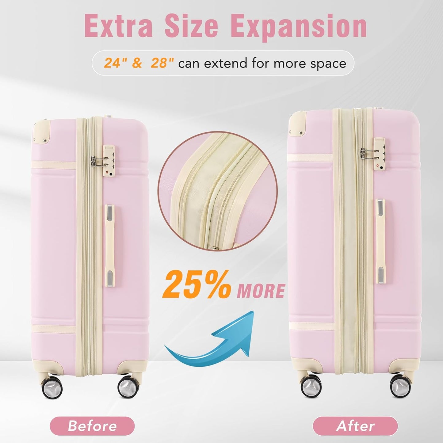 Merax Luggage Set 3 Piece Suitcase Set with 1 Cosmetic Case Expandable Spinner Wheels Vintage Luggage Sets(Light Pink,20"+24"+28")