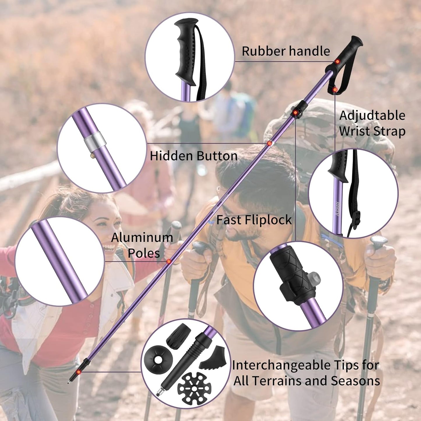 AISUNOURDOOR Lightweight Adjustable Trekking Poles, Aluminum Collapsible Travel Hiking or Walking Sticks for Women Children, with One Disposable Raincoat