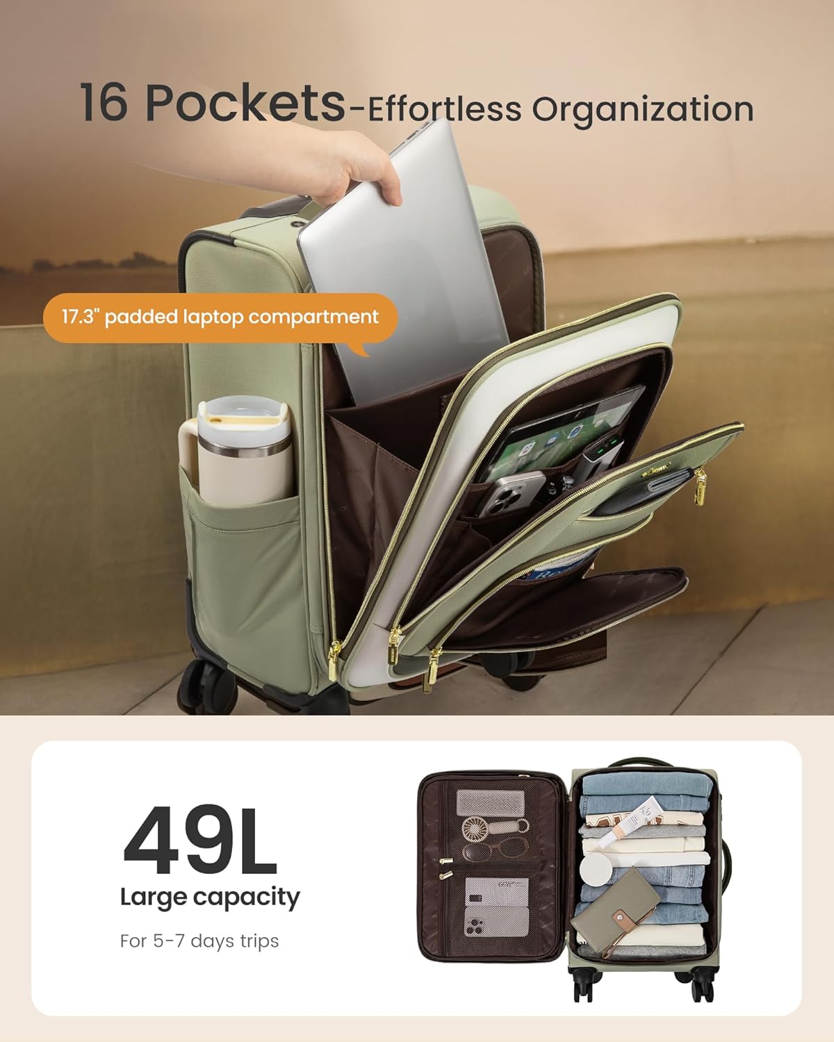 LOVEVOOK Carry on Luggage 22x14x9 Airline Approved with Garment Folder & Spinner Wheels, 22 Inch Large Rolling Carry-on Suitcase, Softside Lightweight Underseat Luggage for Women Travel Overnight, 49L