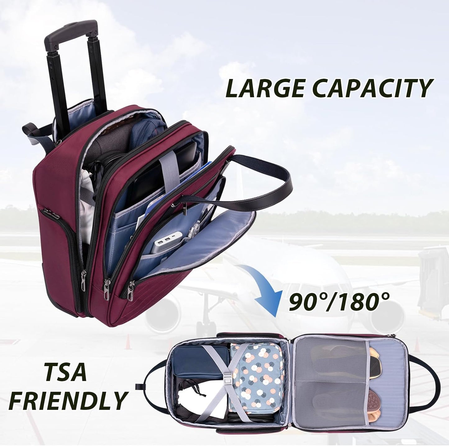 VANKEAN Carry On Underseat 16-inch Multi-functional Underseater Lightweight Overnight Suitcase with Wheels, Roller Case for Men Women Travel Business, Burgundy