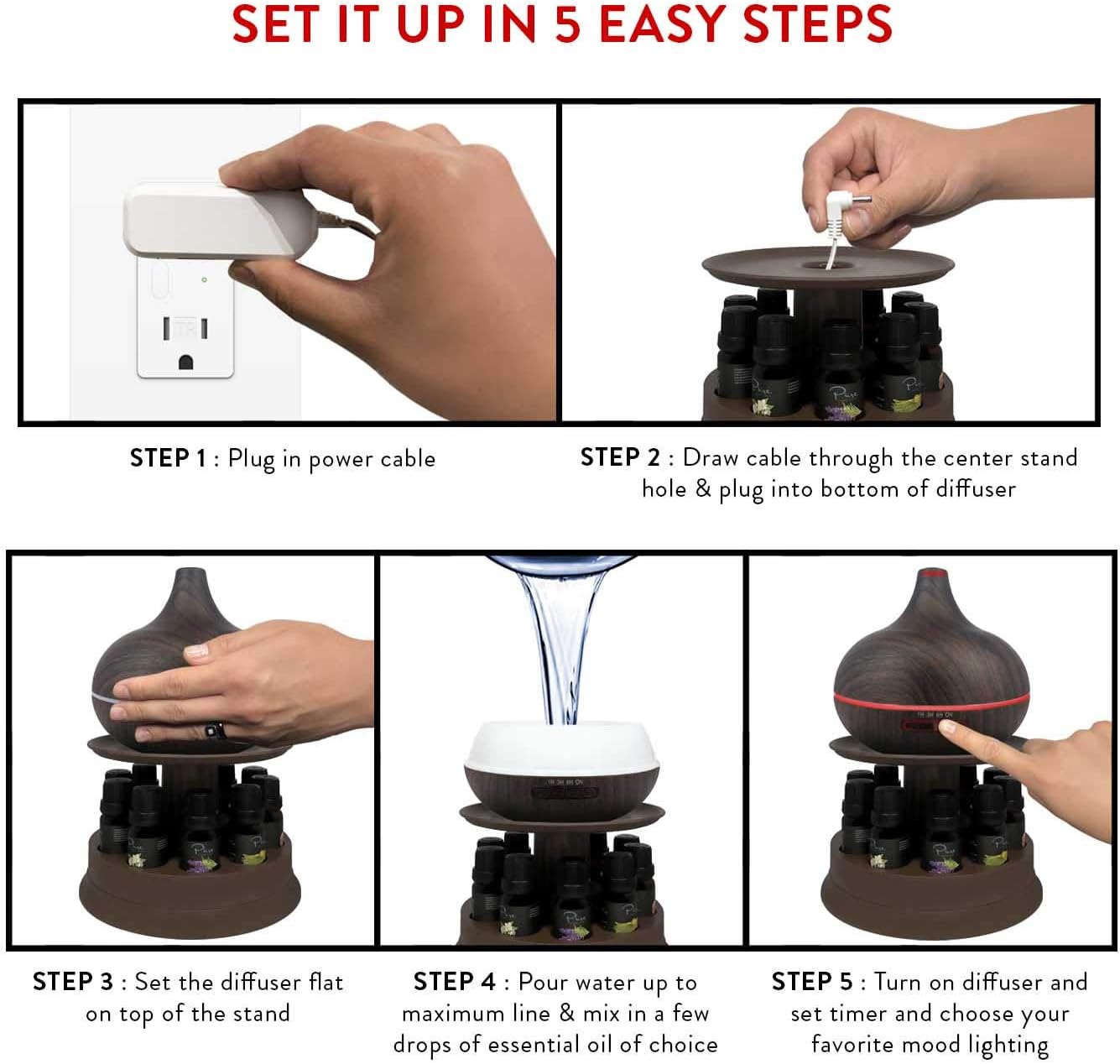 Ultimate Aromatherapy Diffuser & Essential Oil Set - Ultrasonic Diffuser & Top 10 Essential Oils - 300ml Diffuser w/ 4 Timer & 7 Ambient Light Settings - Therapeutic Essential Oils - Dark Oak w/Stand