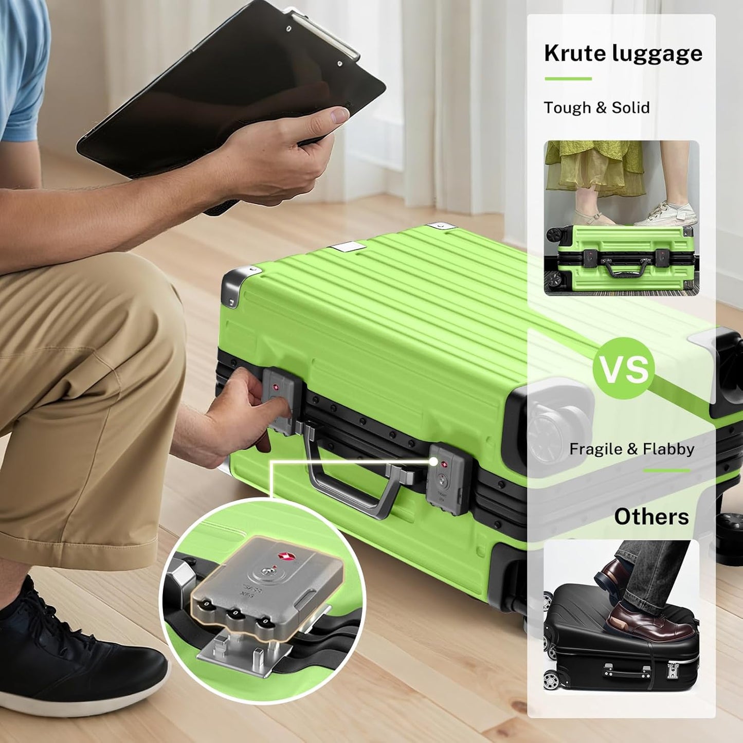 Krute Aluminum Frame Carry On Luggage 20 Inch Zipperless Luggages USB Charger Hardside PC Suitcase With Spinner Wheels Airline Approved Hard Shell Suitcases with TSA Lock (1 Piece)