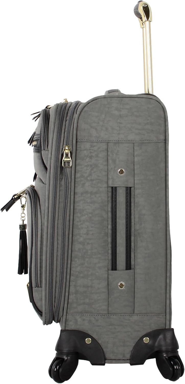 Steve Madden Designer-Gepckkollektion Leichter Softside-Koffer fr Damen und Herren strapazierfhige 50,8 cm groe Tragetasche mit 4 rollenden Spinner-Rdern, Peek-a-boo Grey, 20in, Carry on Bag With