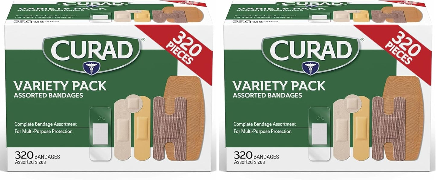 Curad Bulk Variety Pack Assorted Bandages, Flex-Fabric, Waterproof, Plastic, Knuckle, Heavy Duty Bandages (320Count) (Pack of 2)