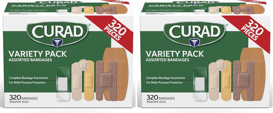Curad Bulk Variety Pack Assorted Bandages, Flex-Fabric, Waterproof, Plastic, Knuckle, Heavy Duty Bandages (320Count) (Pack of 2)