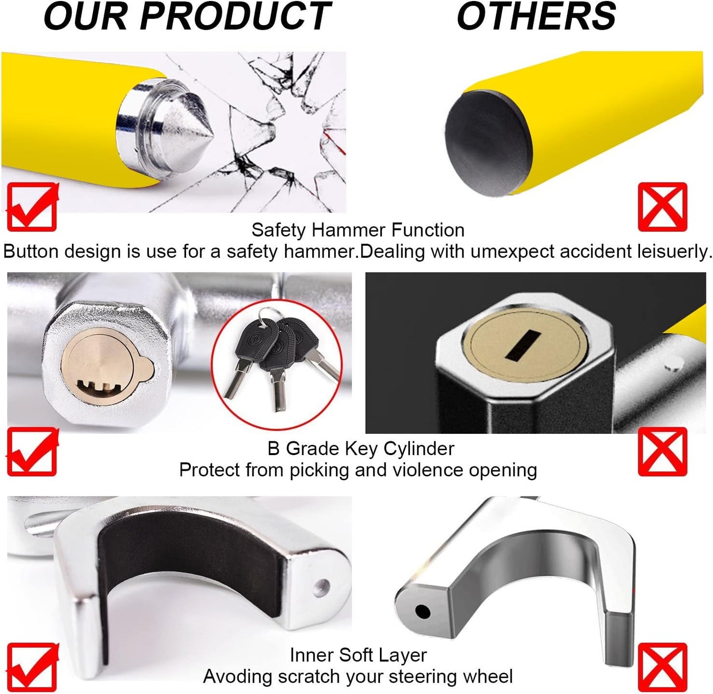 Tevlaphee Steering Wheel Lock Anti-Theft Car Device, Yellow, Heavy Duty