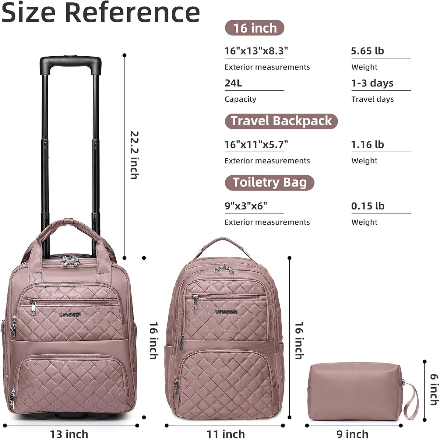 LARVENDER Underseat Carry On Luggage with Wheels Softside 16-inch Underseater Luggage Lightweight Overnight Suitcase for Men Women, Pink, 3 Piece (16/BP/TB)