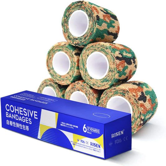 RISEN Cohesive Bandage 2” x 5 Yards, 6 Rolls, Self Adherent Wrap Medical Tape, Adhesive Flexible Breathable First Aid Gauze Ideal for Stretch Athletic