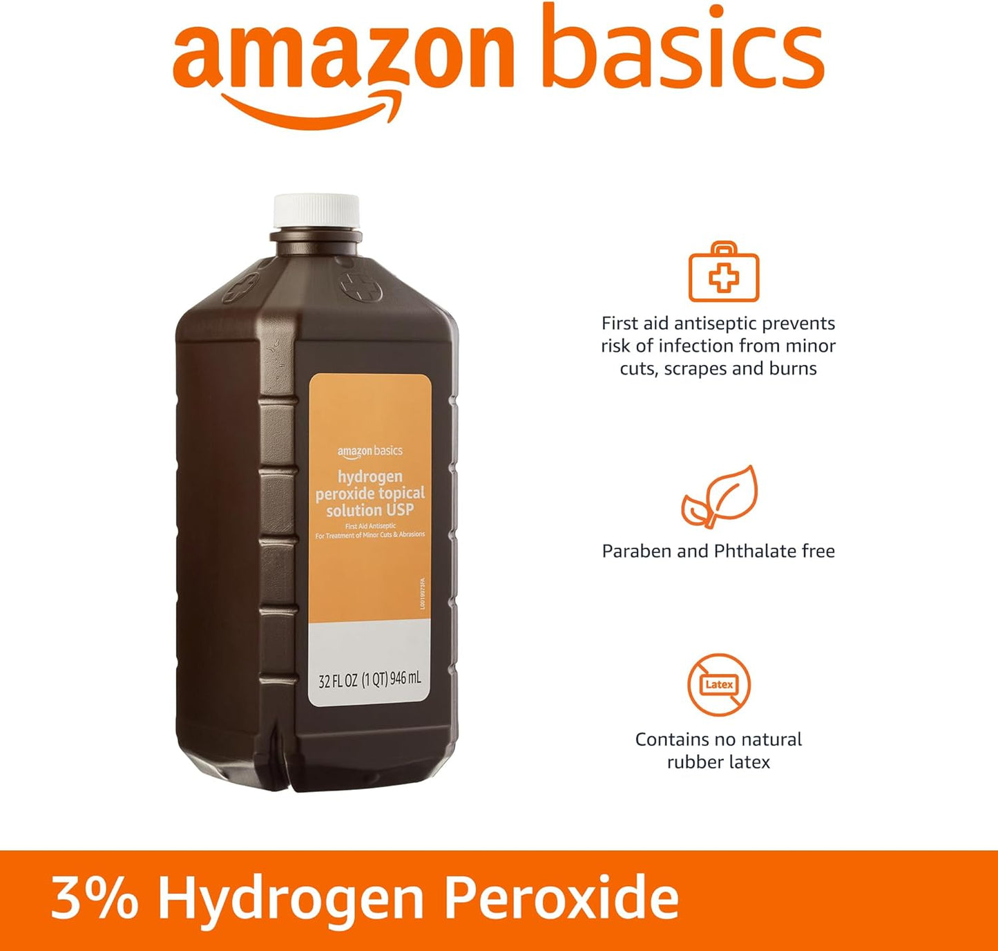 Amazon Basics Hydrogen Peroxide Topical Solution USP, First Aid Antiseptic for Cuts, Scrapes and Wound Disinfection, Pack of 1, 32 fl oz
