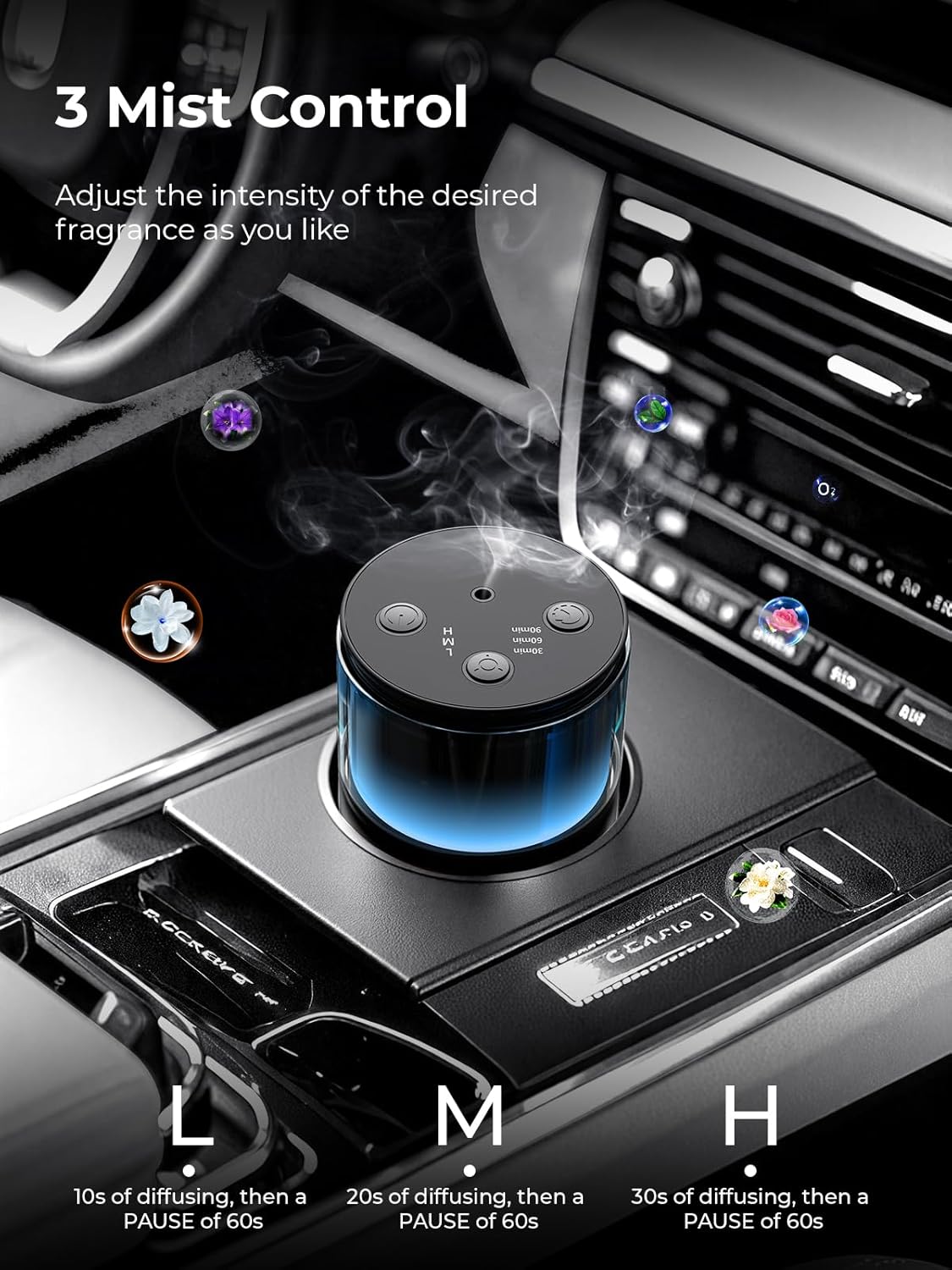 Waterless Diffuser for Essential Oil: Mini Battery Scent Diffuser for Room&Home&Car with 9 Colors LED Light - Aroma Cool Mist Obsidian Black