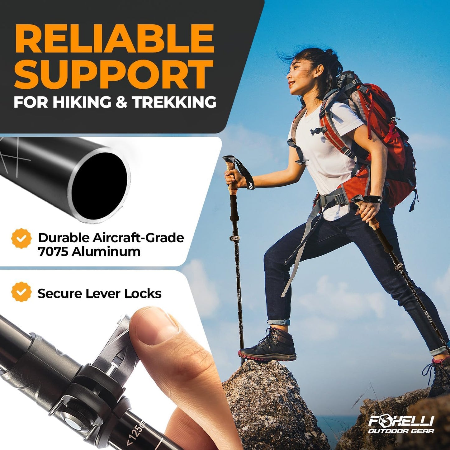 Foxelli Lightweight Trekking Poles – Compact Walking Sticks with Quick Locks, Ergonomic Cork Grip & All-Terrain Accessories – Adjustable Collapsible Poles for Travel & Hiking