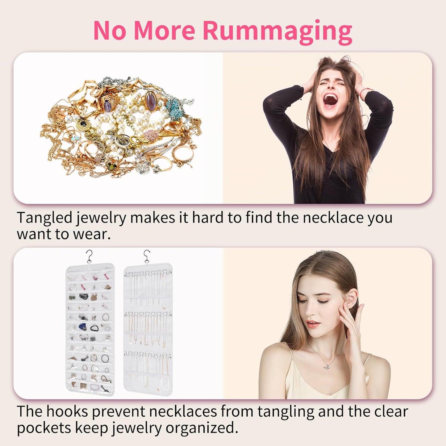 Bloss Hanging Jewelry Organizer, Double-Size jewelrys Storage with Hanger Hooks, Large Jewelrys Storage with 48 Pocket, Earring,Necklace Holder,Womens Jewelry Holder,White