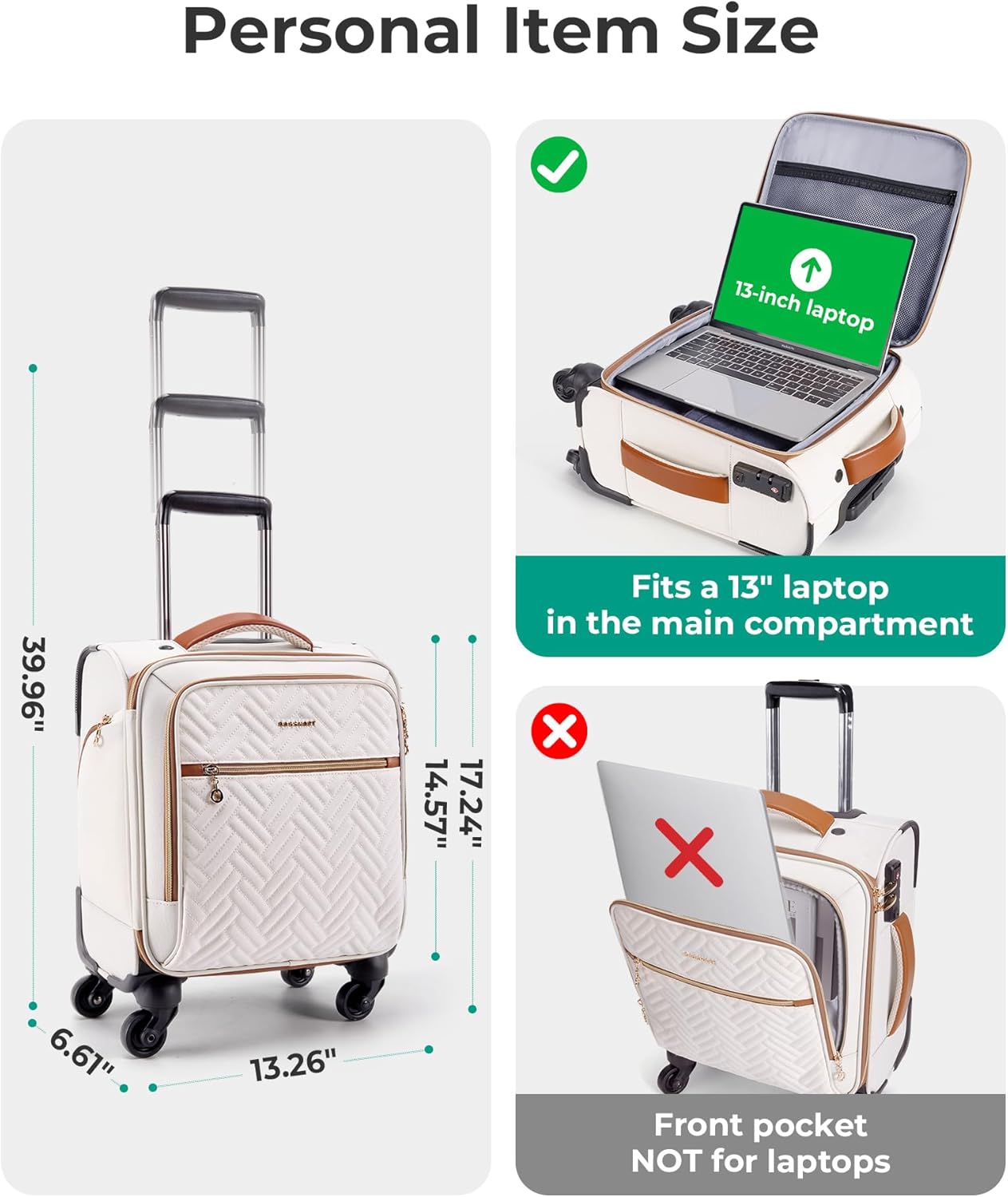 BAGSMART Underseat Carry On luggage Airline Approved, 16-inch Small Softside Underseater Travel Suitcase with Spinner Wheels Overnight Bag Small Rolling Carry-on for Women Men Weekender,Beige