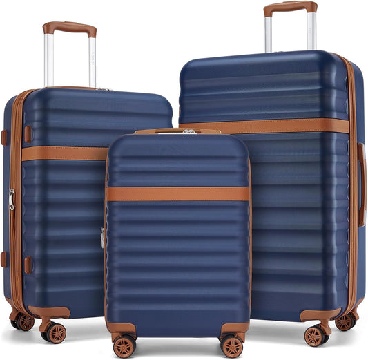 Kono Luggage Set 3 Pieces Expandable PC ABS Durable Suitcase Hardside with Double Spinner Wheels Tsa Lock Navy(20in/24in/28in)