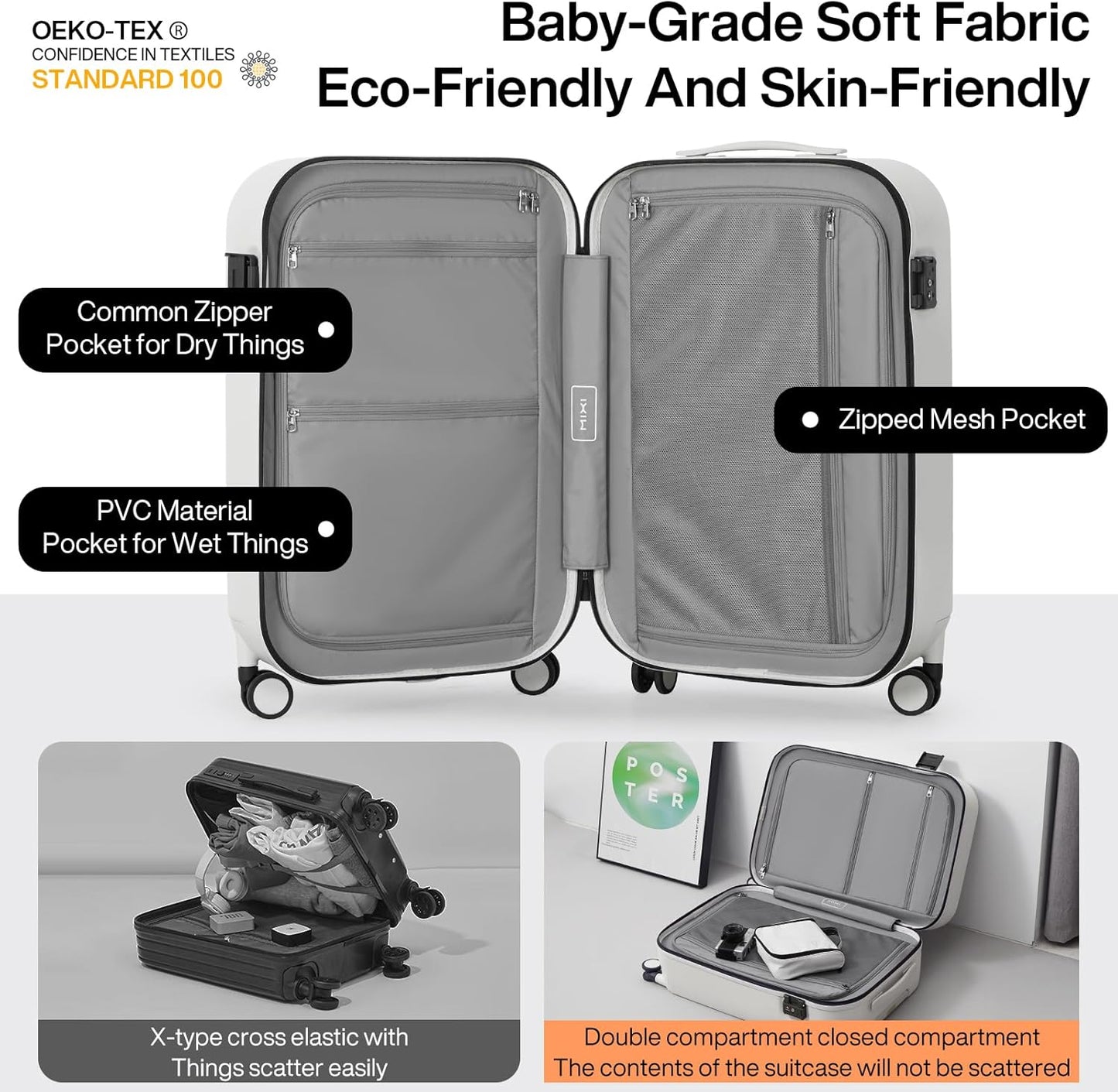 mixi Hardside PC Suitcase 20 Inch Carry On Luggage Spinner Wheels TSA with Cover, Smoke White