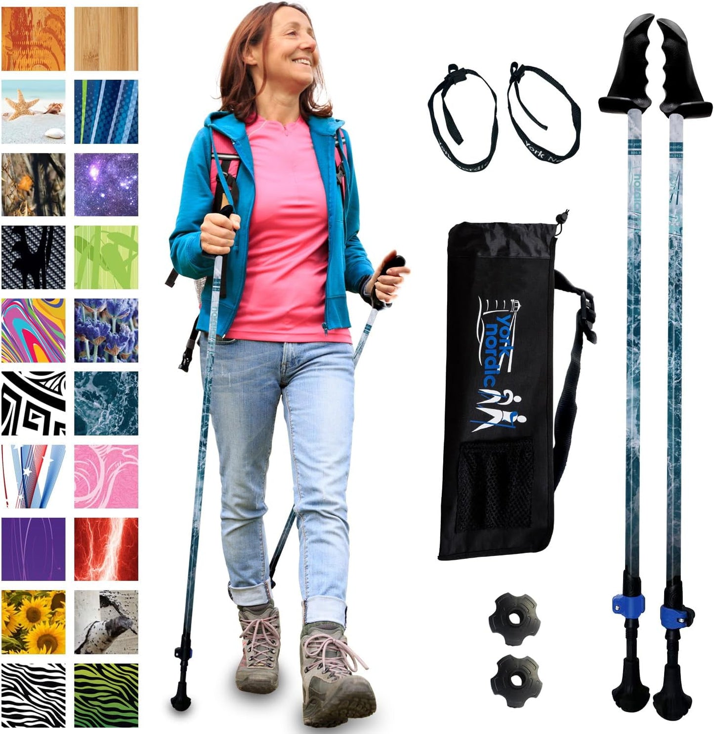York Nordic Motivator Walking Poles for Balance and Rehab - Patented Stability Grips - Lightweight, Adjustable, and Collapsible - 2 Pieces Adjustable w/flip Locks - Heights 4'6" up to 6'2" - 230 lbs