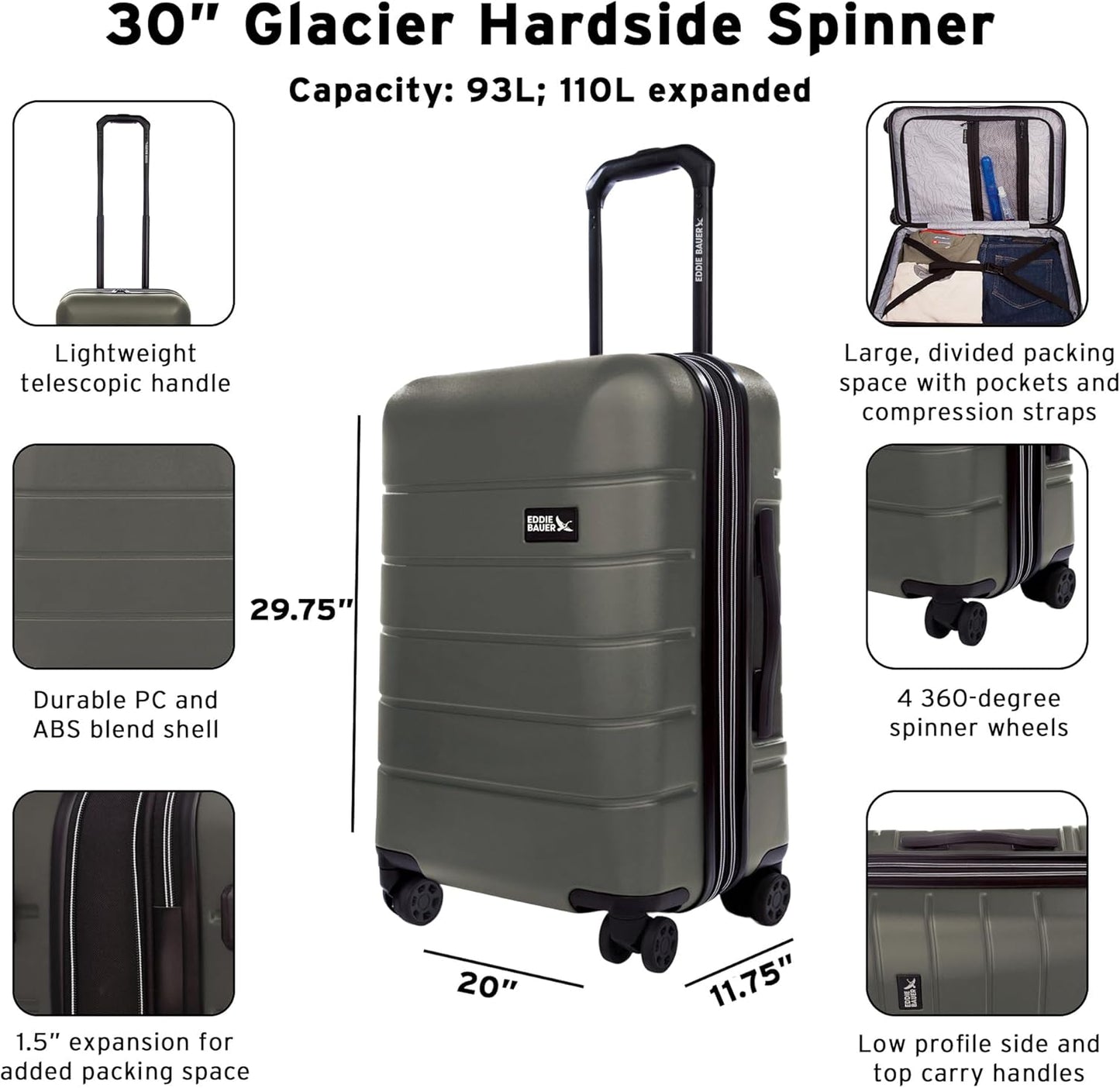 Eddie Bauer Glacier Carry-On 22" Luggage | Hardside | Spinner Wheels | Expandable | Lightweight | Travel Essentials - Sprig Green
