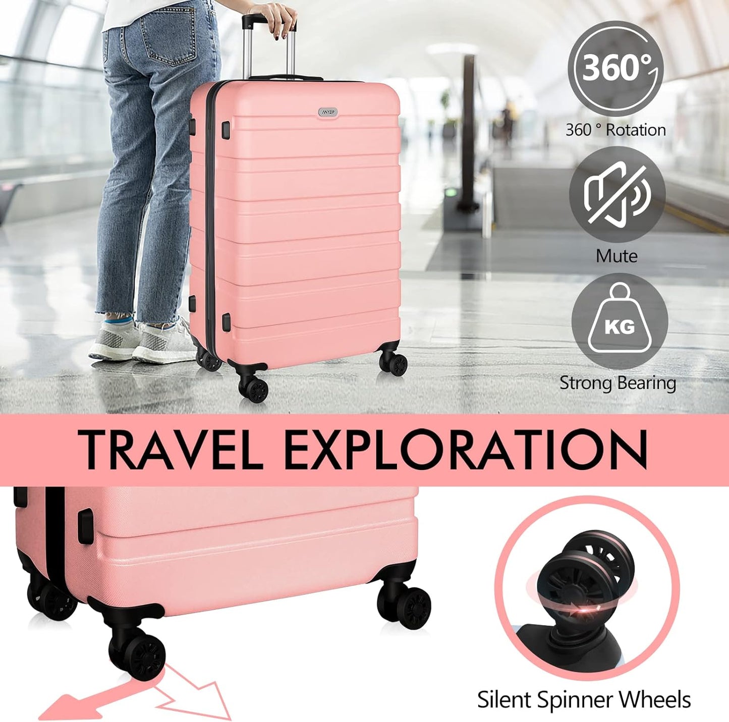 AnyZip Luggage PC ABS Hardside Lightweight Suitcase with 4 Universal Wheels TSA Lock Carry-On 20 Inch Pink