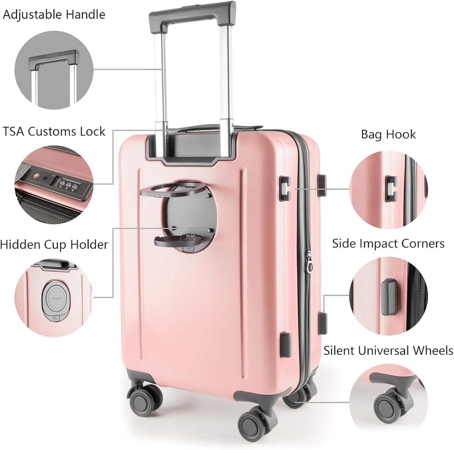 19-Inch Hardshell Carry-On Luggage with Front Compartment, 360-Degree Spinner Wheels, TSA Lock, Cup Holder & Bag Hook - Airline Approved Business Travel Suitcase (pink)