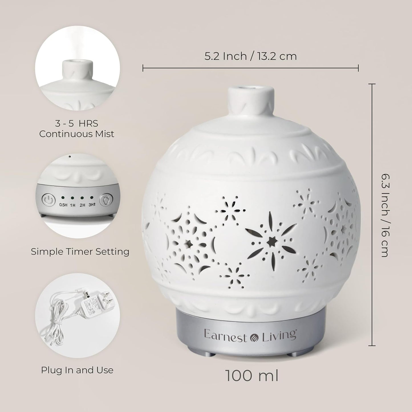 Earnest Living Christmas Ball Essential Oil Diffuser White Ceramic 100 ml Diffuser Home Décor, 7 Color Lights, Timers, Auto Off Cool Mist Humidifier Aromatherapy Diffuser