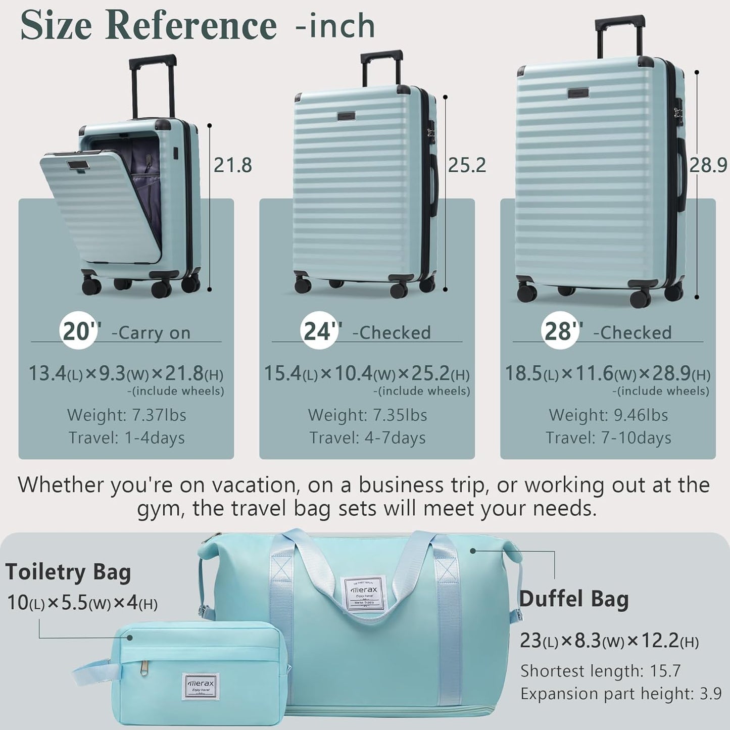 Merax Luggage Sets 3 Piece Front Opening, Hardside Lightweight Carry on Suitcase with Cup Holder USB Port,Durable Expandable Luggage with Bags Spinner Wheels and TSA Lock,Light Blue