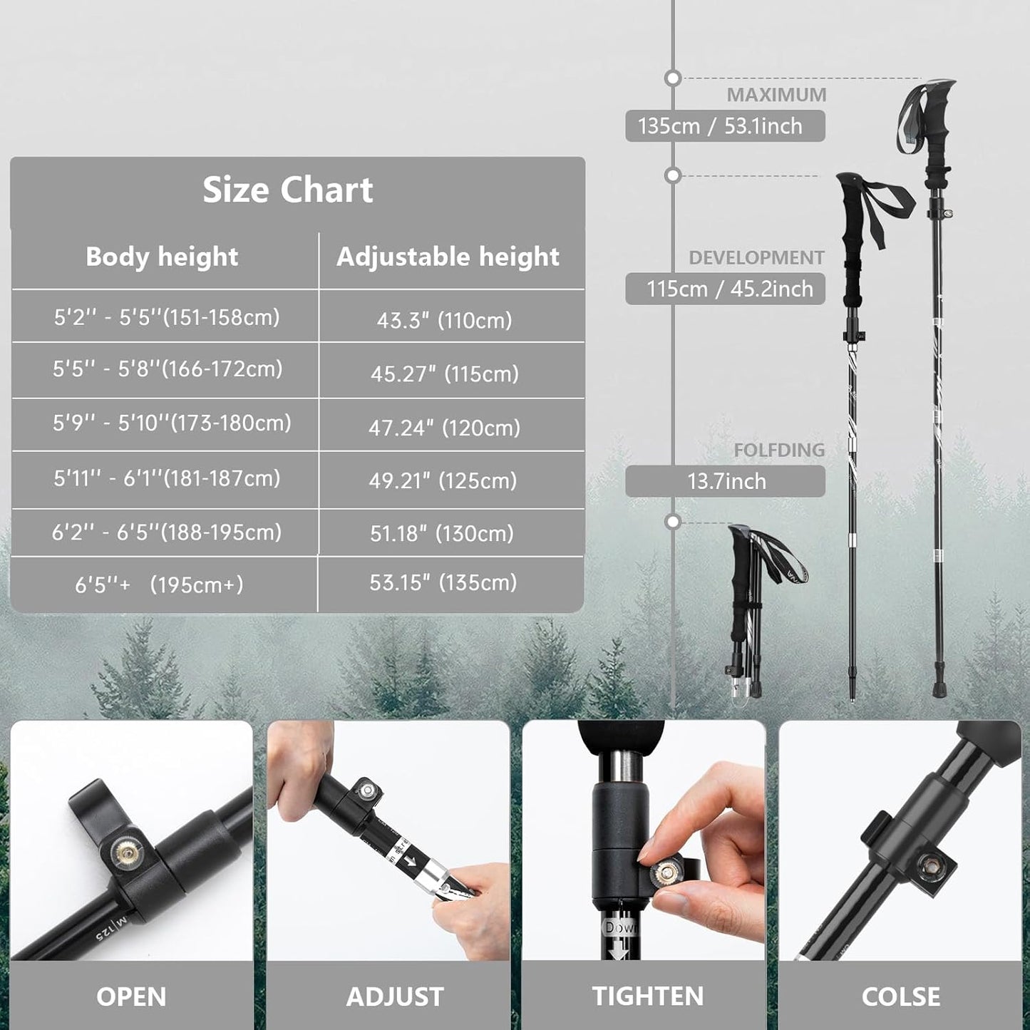 BISINNA Hiking Poles Collapsible Trekking Poles Aluminum Alloy Hiking Sticks 2 pc Lightweight Adjustable Folding Stick for Wowen Men Walking Sticks with Quick Lock System