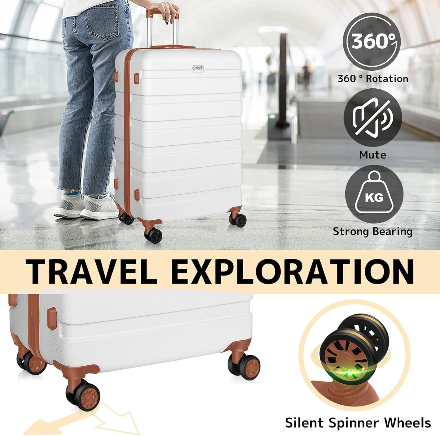 AnyZip Luggage PC ABS Hardside Lightweight Suitcase with 4 Universal Wheels TSA Lock Checked-Large 28 Inch White Brown