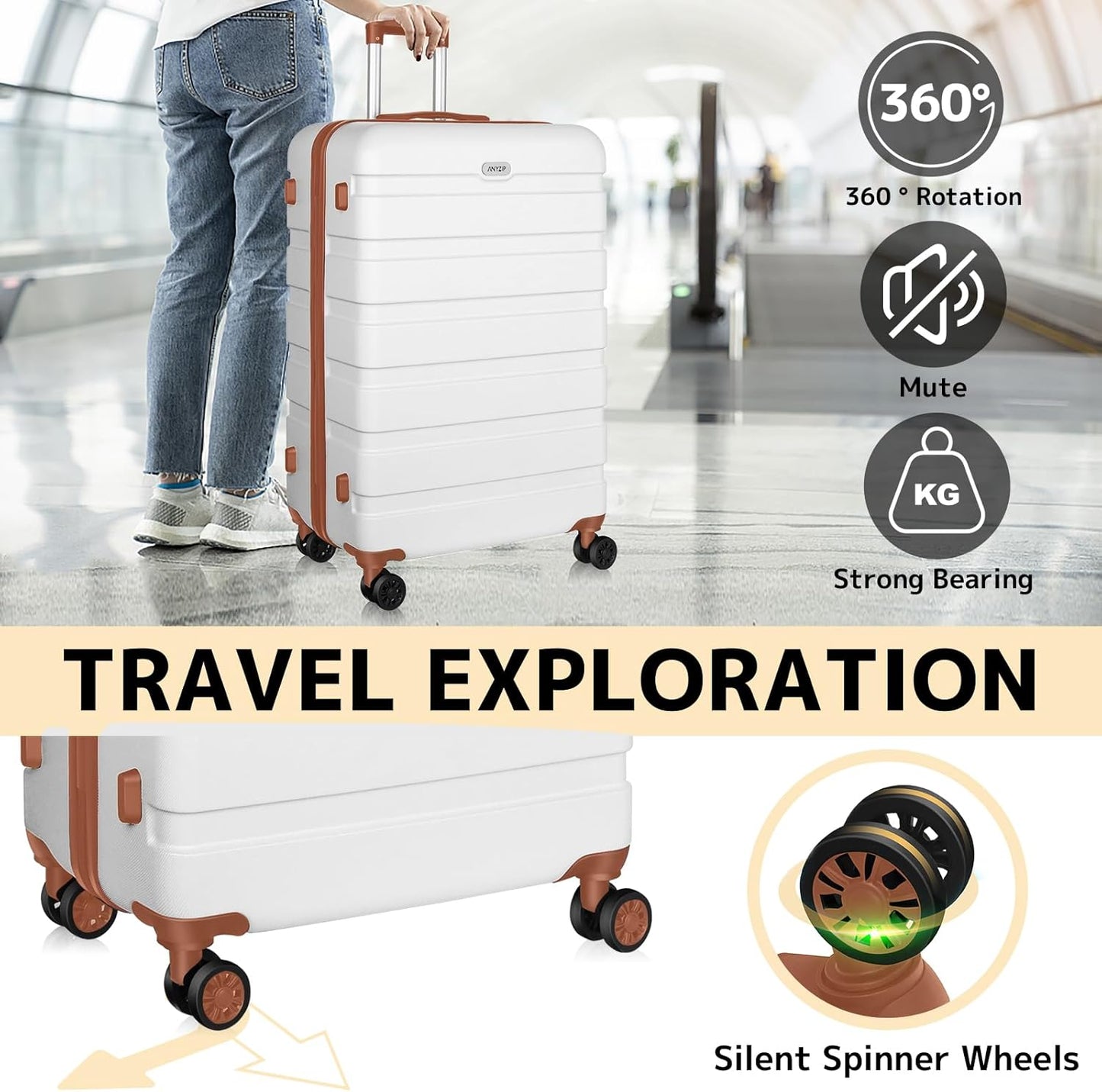 AnyZip Luggage PC ABS Hardside Lightweight Suitcase with 4 Universal Wheels TSA Lock Checked-Medium 24 Inch White Brown