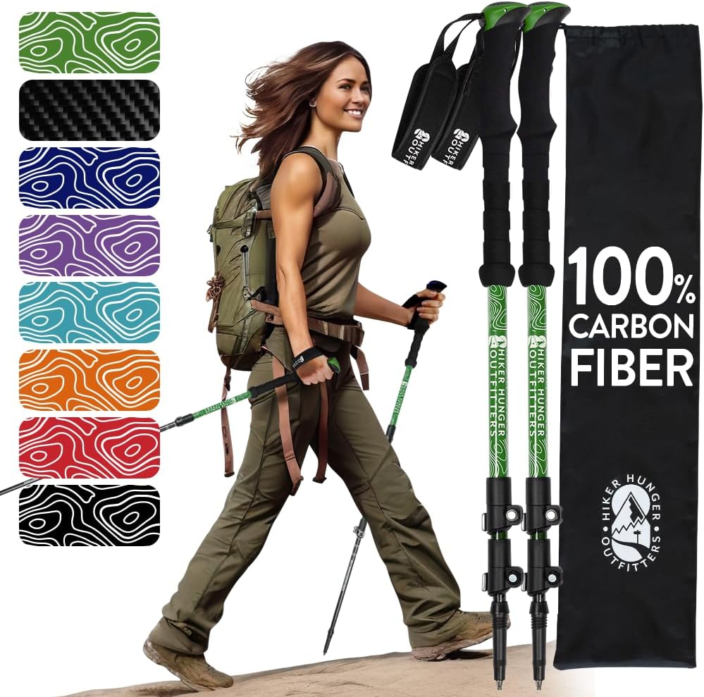 100% Carbon Fiber Trekking Poles by USA Brand - Ultra Strong Lightweight Collapsible Hiking Poles with Cork and EVA Foam Grips & Quick Adjustable Flip Locks
