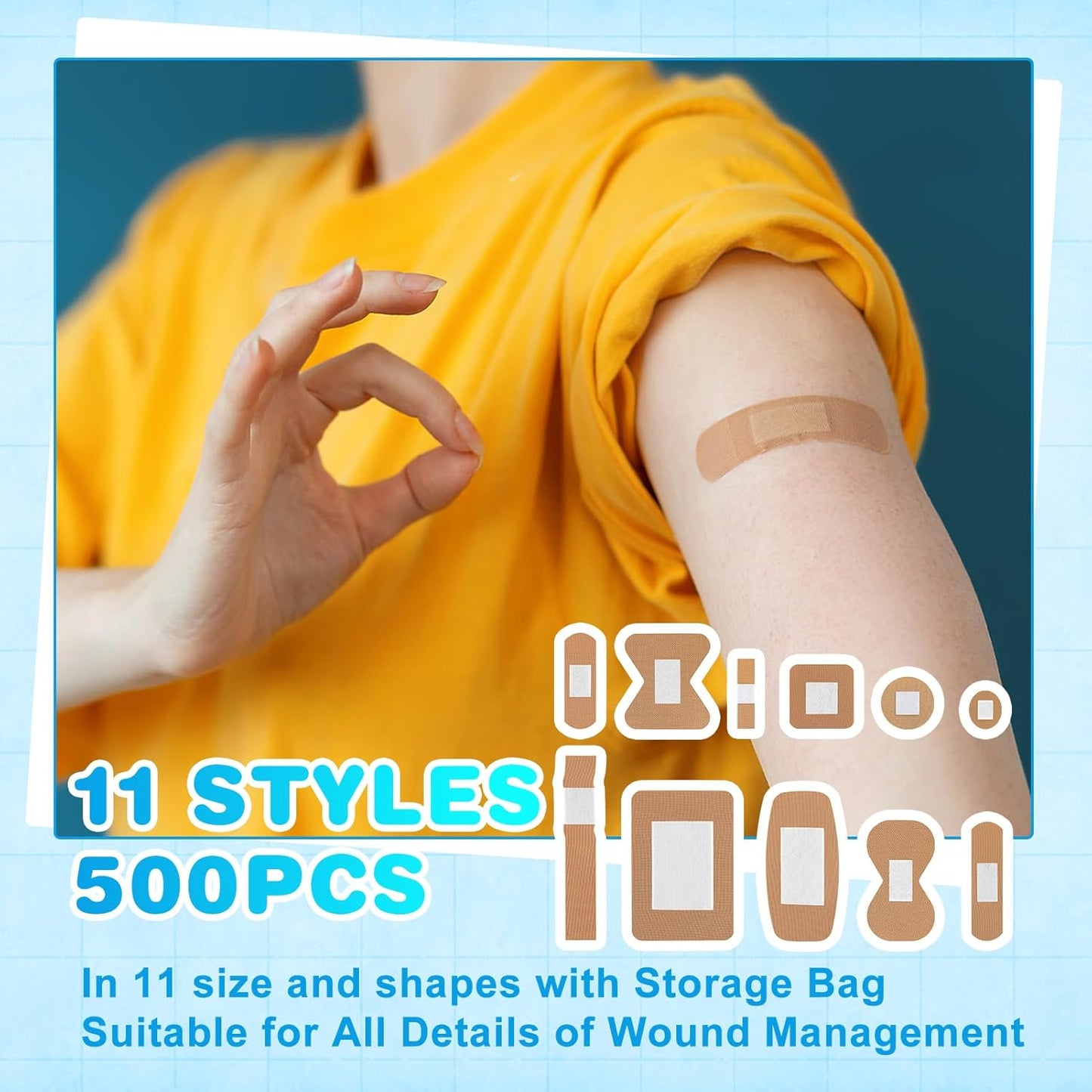 500 Pcs Flexible Fabric Adhesive Bandages Variety Pack 11 Styles Fingertip Bandages for First Aid and Wound Care, Protection Minor Cuts & Scrapes, Cushion Painful Wounds