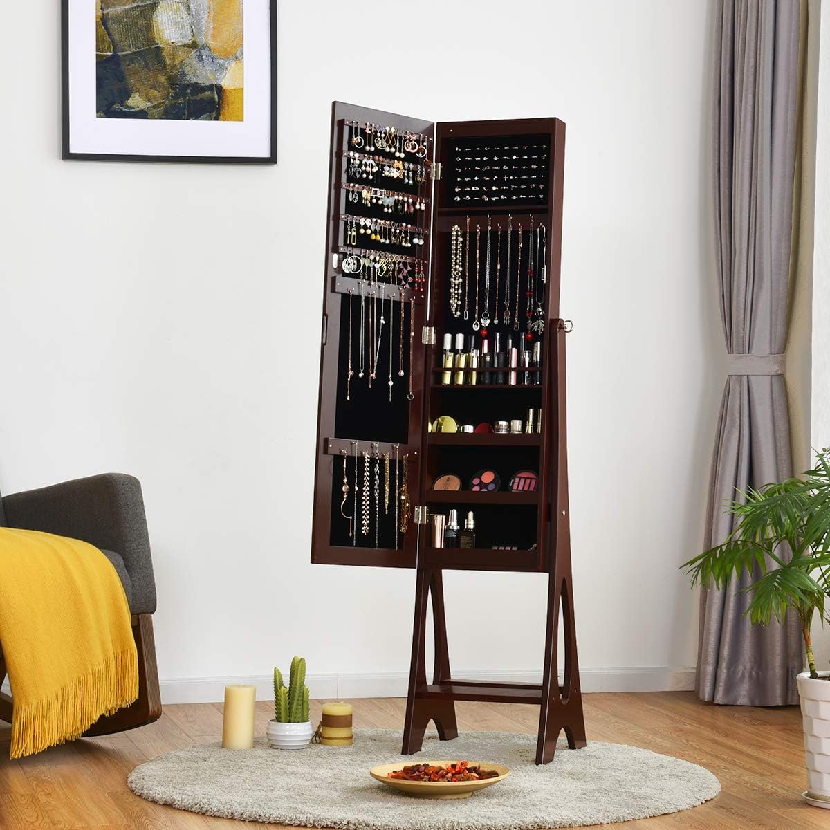 Giantex 12 LED Jewelry Armoire Cabinet with Frameless Full-length Mirror, Standing Jewelry Cabinet with 16 Lipstick Holders, Large Storage Capacity, 3 Angles Adjustable (Brown)