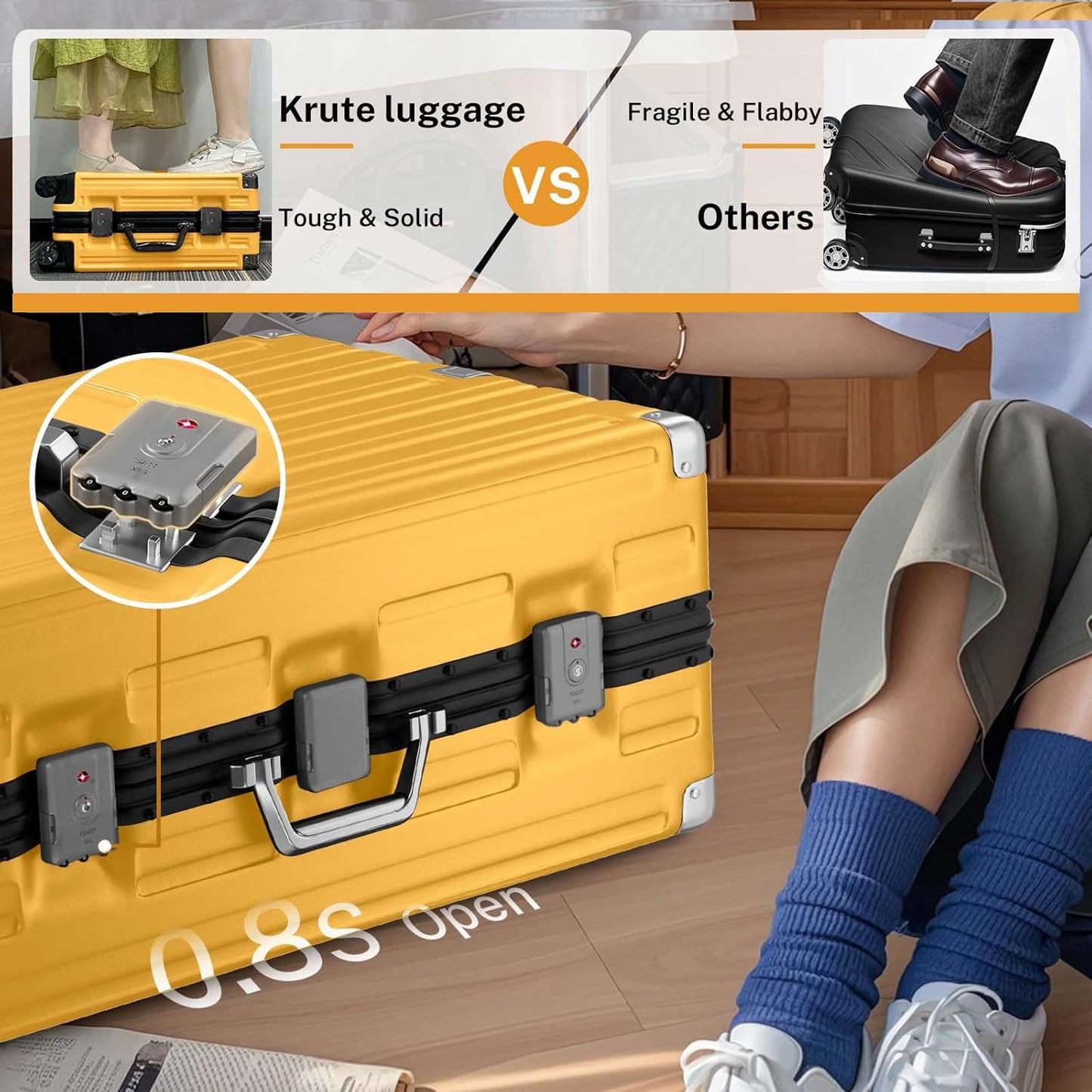 Krute Luggage 28 Inch Aluminum Frame Luggages TSA Lock No Zipper Checked Suitcase with Spinner Wheels Hard Shell Lightweight PC+ABS Large Suit Case