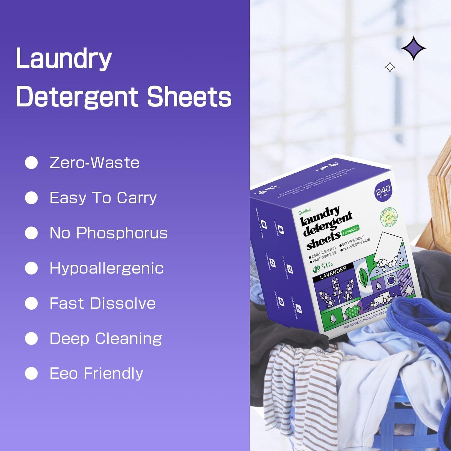 Soulink Lavender Laundry Detergent Sheets, 240 Loads - Eco-Friendly, Plant-Based, Hypoallergenic, No Plastic Jug