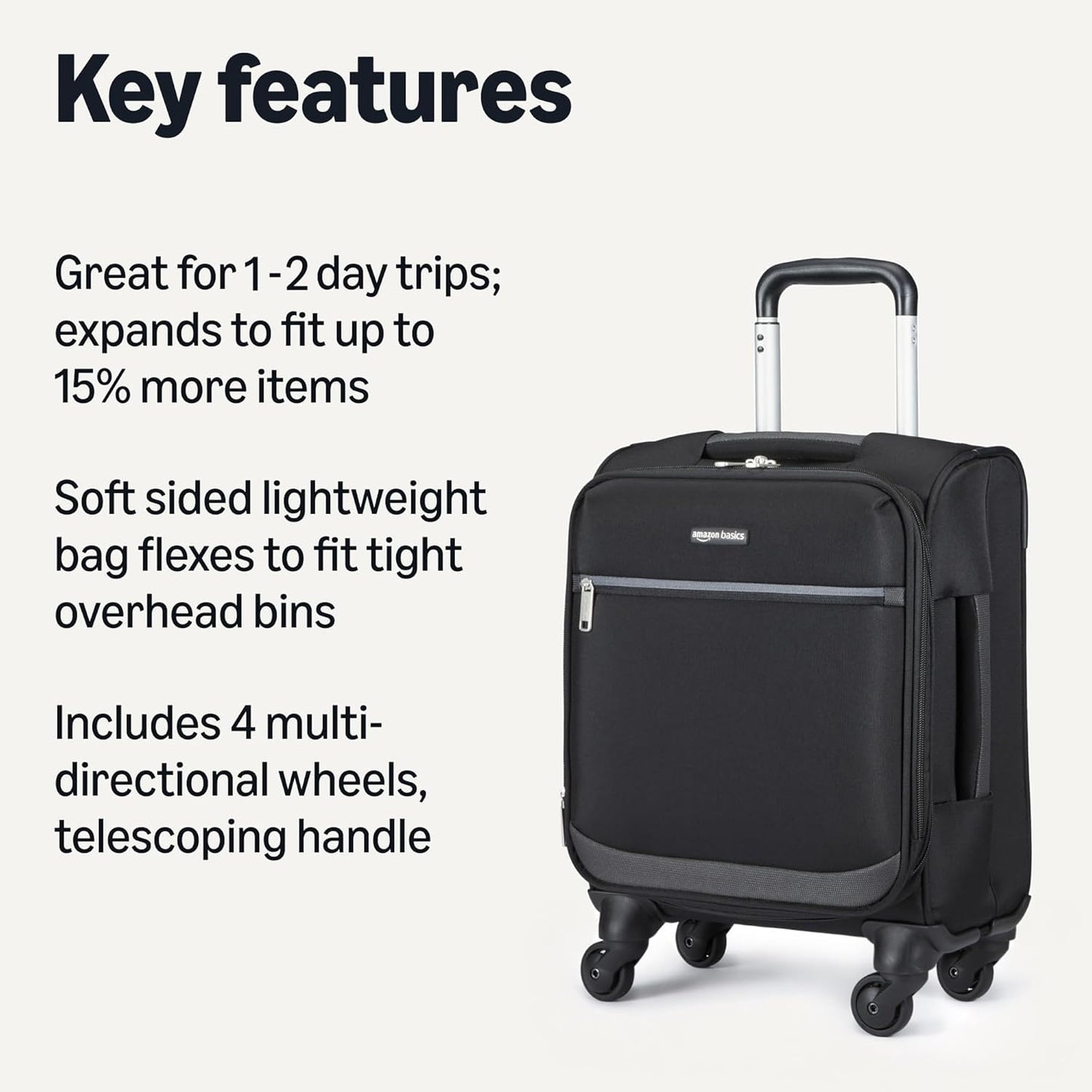 Amazon Basics Luggage, 15" Small Carry-On Softside Suitcase With Wheels, With Four 360-Degree Multi-directional Spinner Wheels, Expandable Space, Zippered Pocket and Straps, Telescopic Handle, Black