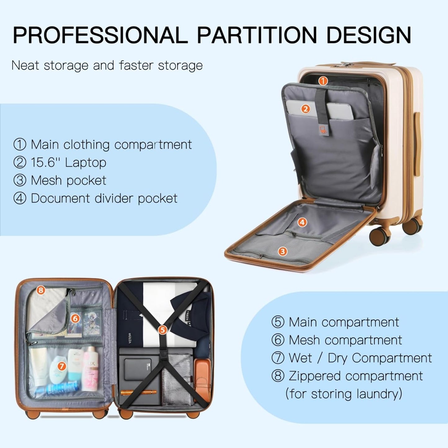 Carry On Luggage Airline Approved, 20 Inch Expandable PC Hardside Lightweight Suitcases with Spinner Wheels and TSA Lock (Beige, 20 Inch)